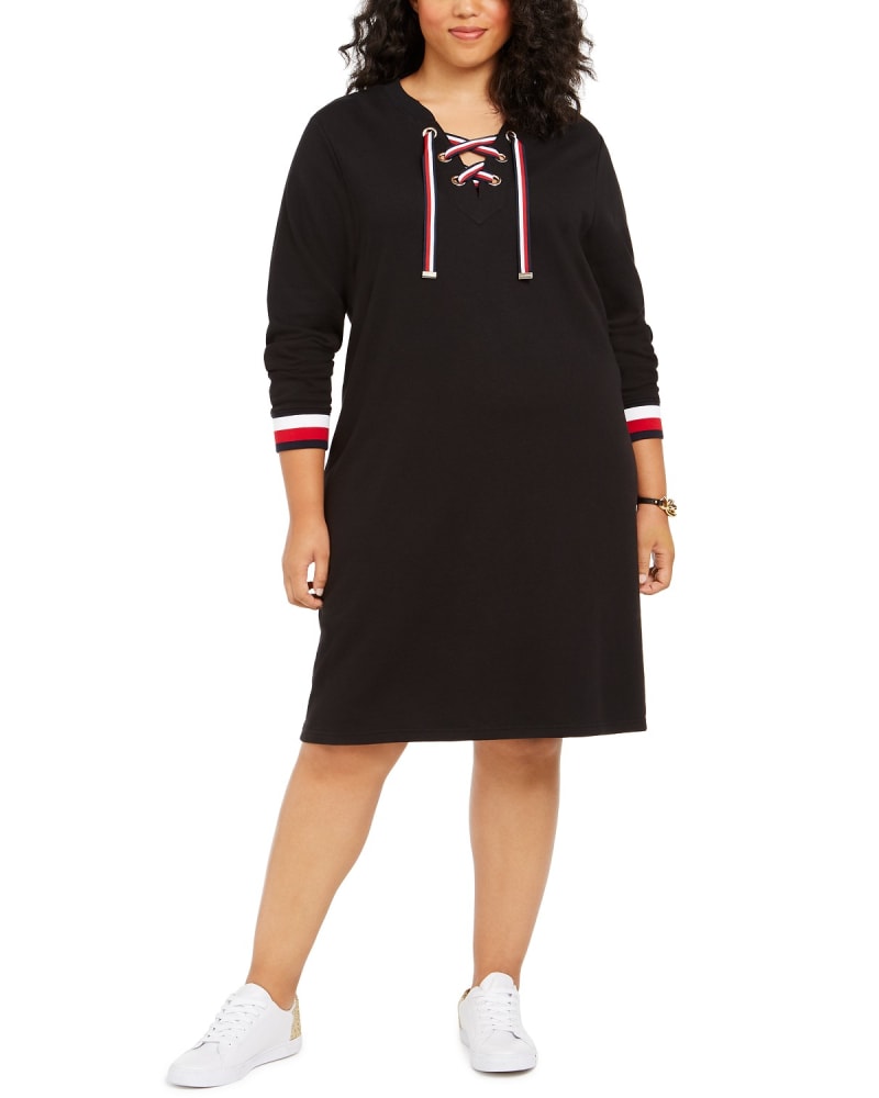 Front of a model wearing a size 1X Tommy Hilfiger Women's Plus Size Lace-Up Pullover Dress Black Size 1X in Black by Tommy Hilfiger. | dia_product_style_image_id:312533